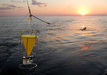 File Researchers deployed time-series sediment traps 115 kilometers southeast of the nuclear power plant at depths of 500 meters and 1,000 meters. The two traps began collecting samples on July 19, 2011—130 days after the March 11 earthquake and tsunami—and were recovered and reset annually. (Makio Honda, Japan Agency for Marine-Earth Science and Technology)