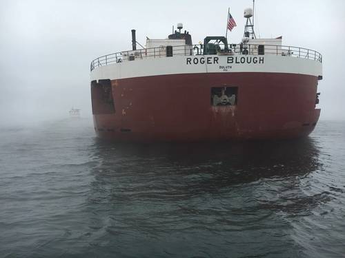 Roger Blough aground in the vicinity of Gros Cap Reef in Whitefish Bay, Lake Superior, May 28, 2016. (U.S. Coast Guard photo by Samantha Coonan)